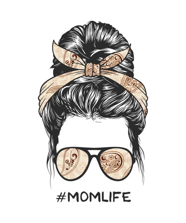 Woman messy bun hairstyle with retro flowers pattern headband and glasses vector illustrationのイラスト素材