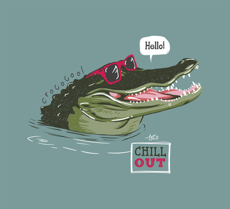 cool cartoon crocodile with sunglasses vector hand drawn illustrationのイラスト素材