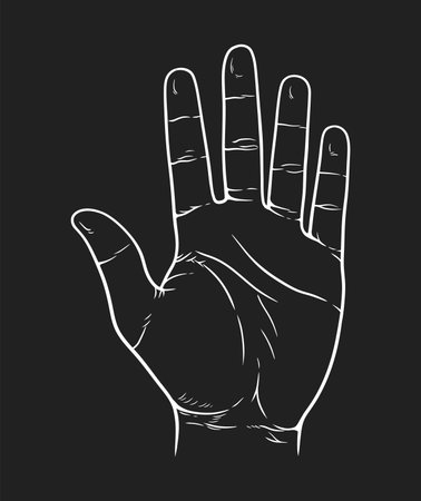 Vector illustration of counting hand isolated on black background. Open palm showing number five in sketch style.のイラスト素材