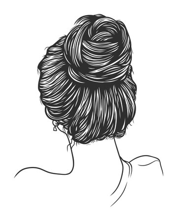 Head and shoulder back view of young woman with messy bun - vector line art illustrationのイラスト素材