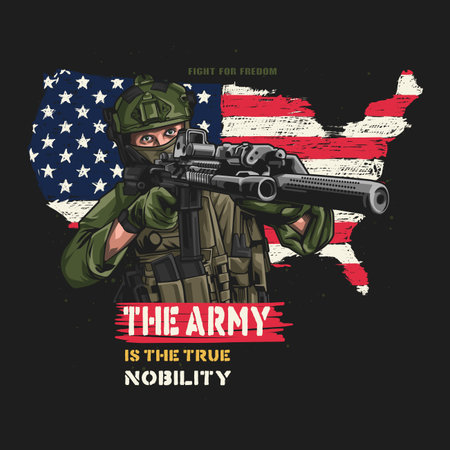 male soldier holding gun against USA flag background. Vector illustrationのイラスト素材