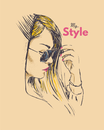 Stylish and beautiful girl wearing sunglasses, with my style written on it. Hand drawn vector illustrationのイラスト素材