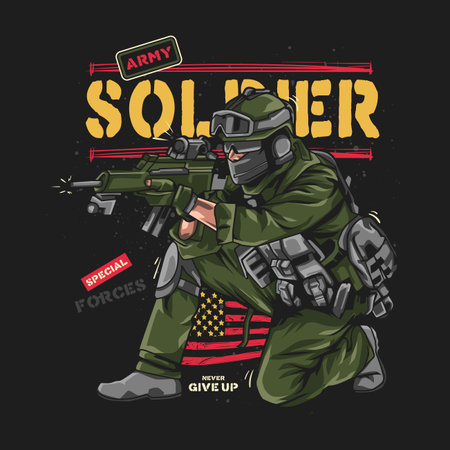 Male soldier is aiming gun. Vector illustration of patriotismのイラスト素材