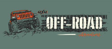 Off road grunge banner with tire print and 4x4 sports utility vehicleのイラスト素材