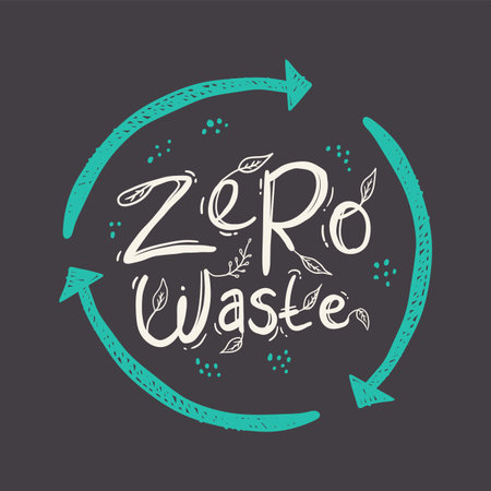Zero waste logo. Zero waste lifestyle design concept. Doodle eco logo with recycle symbol. Hand drawn vector illustration on black backgroundのイラスト素材