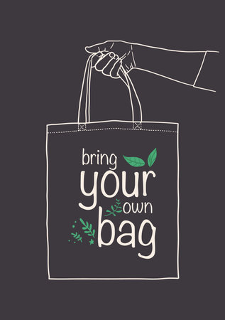 Bring your own bag poster. Zero waste vector illustration with hand holding reusable bags on black backgroundのイラスト素材