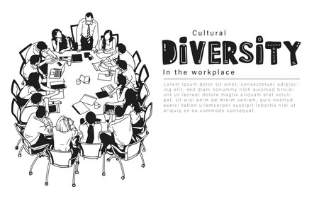 Cultural diversity in the work place, black and white vector hand drawn illustrationのイラスト素材