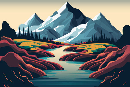 Mountain landscape with river and tree's, beautiful mountain minimalist vector artのイラスト素材