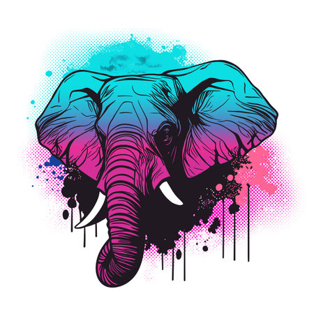 Elephant head in vapor wave style on abstract brush splash backgroundのイラスト素材