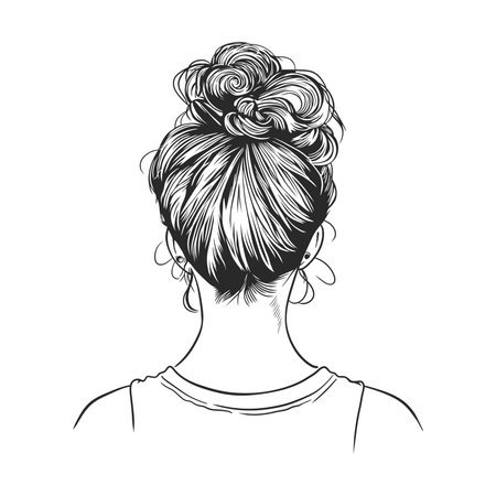 Women messy bun hairstyle seen from behind, hand drawn line art illustrationのイラスト素材