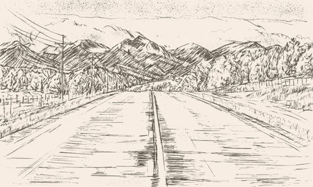 Hand drawn sketch of a mountain with a wide road in front of itのイラスト素材