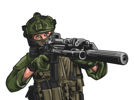 Male soldier is pointing his gun forward. Patriotism vector illustrationのイラスト素材