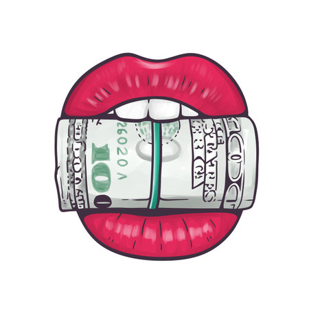 Sexy red lips biting a roll of money. Vector cartoon illustrationのイラスト素材