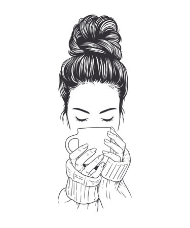 Beautiful woman in a sweater enjoying a cup of coffee. Vector line art illustrationのイラスト素材