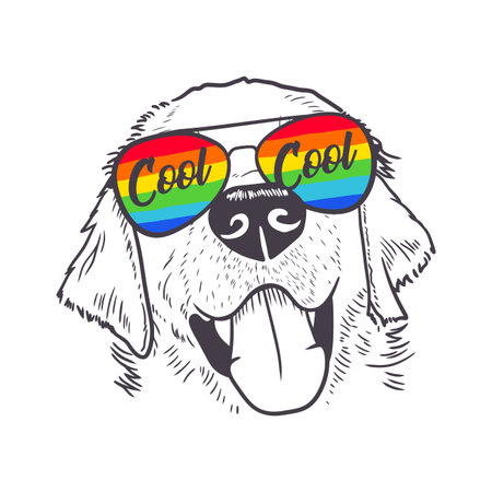 Cool dog wearing rainbow glasses. Hand drawn line art illustrationのイラスト素材