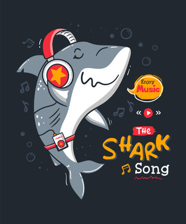 Cute cartoon shark enjoying music through the headphone. Vector clip art illustrationのイラスト素材