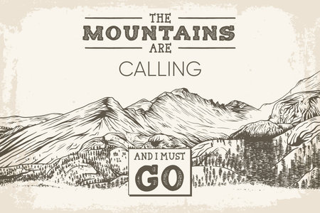 The mountains are calling. Hand-drawn vector line art illustrationのイラスト素材