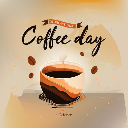 International Coffee Day vector illustration. A cup of coffee with a steaming latte, coffee beans, and world map backgroundのイラスト素材