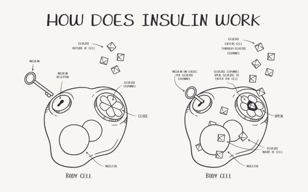 Hand drawn vector line art illustration explaining how does insulin workのイラスト素材