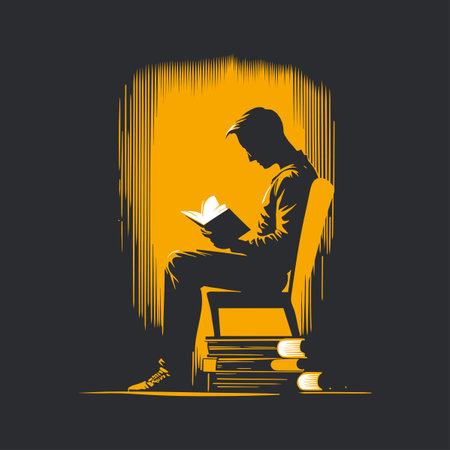 Vector illustration of a man sitting reading book. Hand drawn style and is colored in orange and blackのイラスト素材