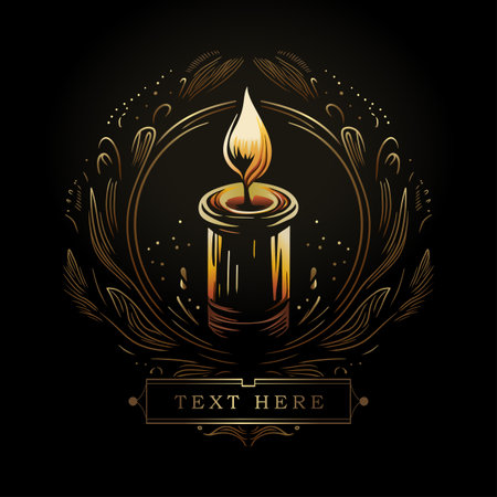 A Candle In the Night. Vector logo illustration of golden candle burns brightly in a wreath of black leavesのイラスト素材