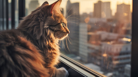 a cat sitting on a windowsill, looking out at the city belowの素材