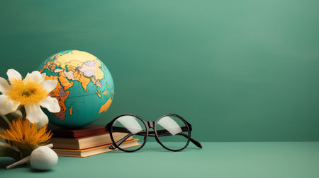 Happy Teachers Day banner, a desk with books, globe and stationeryの素材
