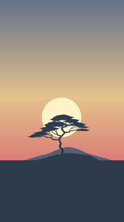 A single graceful pine tree stands against a backdrop of a soft gradient sunset skyのイラスト素材