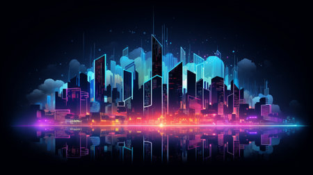 Intricate skyscrapers represent tech achievements, lit by neon lights in a futuristic cityscapeの素材