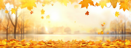 Leaves fall on the ground with sunlight shining through, whimsical landscapesの素材