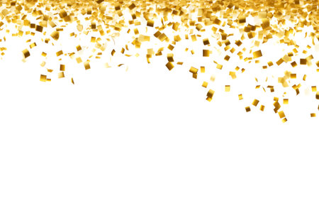Gold confetti falling down in front of a white backgroundの素材