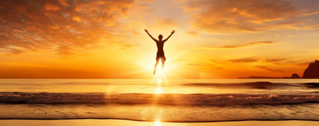 Sunrise over a beach with a person jumpingの素材