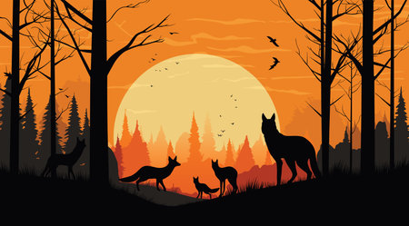 A group of wolves silhouette gathers in a forest at twilightのイラスト素材