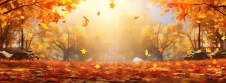 Leaves fall on the ground with sunlight shining through, whimsical landscapesの素材
