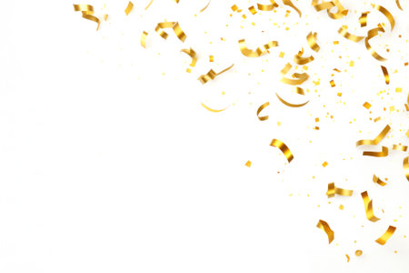 Gold confetti falling down in front of a white backgroundの素材