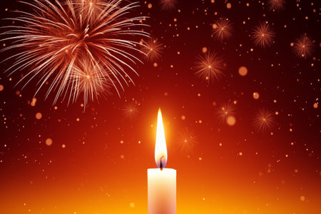 Candle on the red background with fireworks that burn outの素材