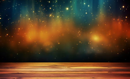 Wooden floor with a golden light bokeh on a dark background, cosmic landscape, dark beige and orangeの素材