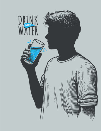 Drink water. Hand drawn vector illustration of a man drinking water.のイラスト素材