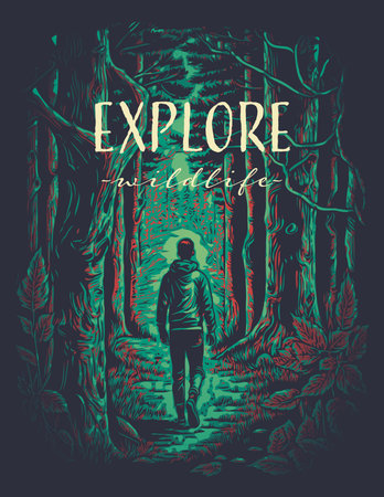 Hiking man in the woods. Adventure and tourism. Vector illustrationのイラスト素材