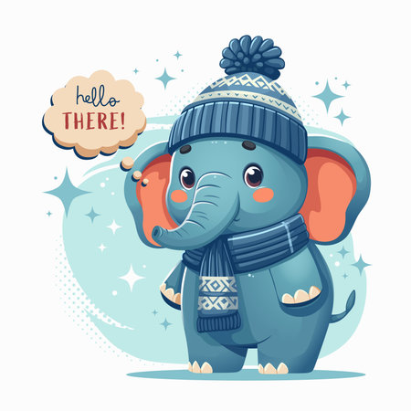 Cute cartoon elephant in winter clothes. Vector illustration. Cute animal.のイラスト素材