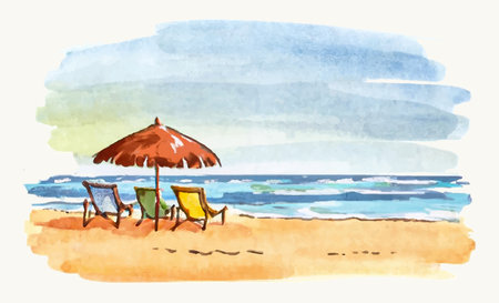 Beach with chairs and umbrella. Watercolor hand drawn illustration.のイラスト素材