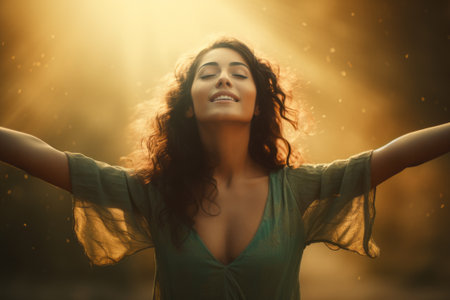 Beautiful young woman with long curly hair in the rays of sunlightの素材