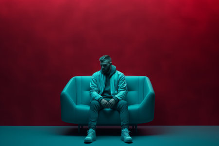 Handsome man sitting in armchair and looking away on red background.の素材