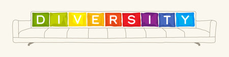 Vector illustration of a sofa with the word Diversity in colorful pillows.