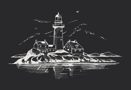 Lighthouse on the island. Hand drawn vector illustration. Isolated on black background.のイラスト素材