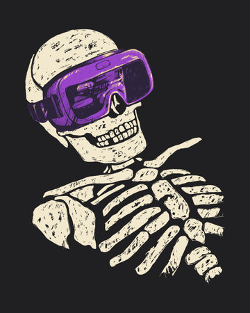 Hand-drawn skeleton with a modern twist, rocking purple goggles on a black backgroundのイラスト素材