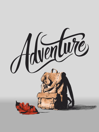 Inspirational adventure word art with hand-drawn backpack and traveler silhouette.のイラスト素材