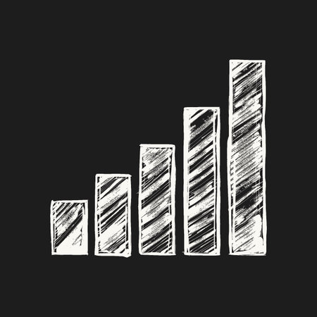 A hand drawn bar graph illustration in black and white, with the bars progressively increasing in height from left to right.のイラスト素材