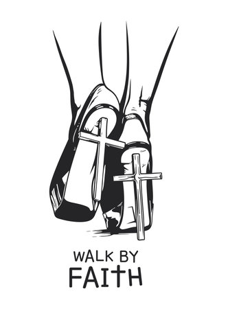 Black and white illustration that portrays a woman wearing high heels, with the heels artistically crafted to resemble a Christian cross.のイラスト素材