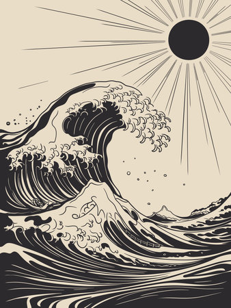 Black and white illustration of a giant wave crashing with a sun and radiating lines in the background.のイラスト素材